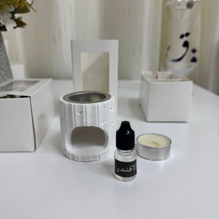 مبخرة جبصين زيتية حجم صغير مع زيت عطري وشمعة وداخل علبة كرتون سحب